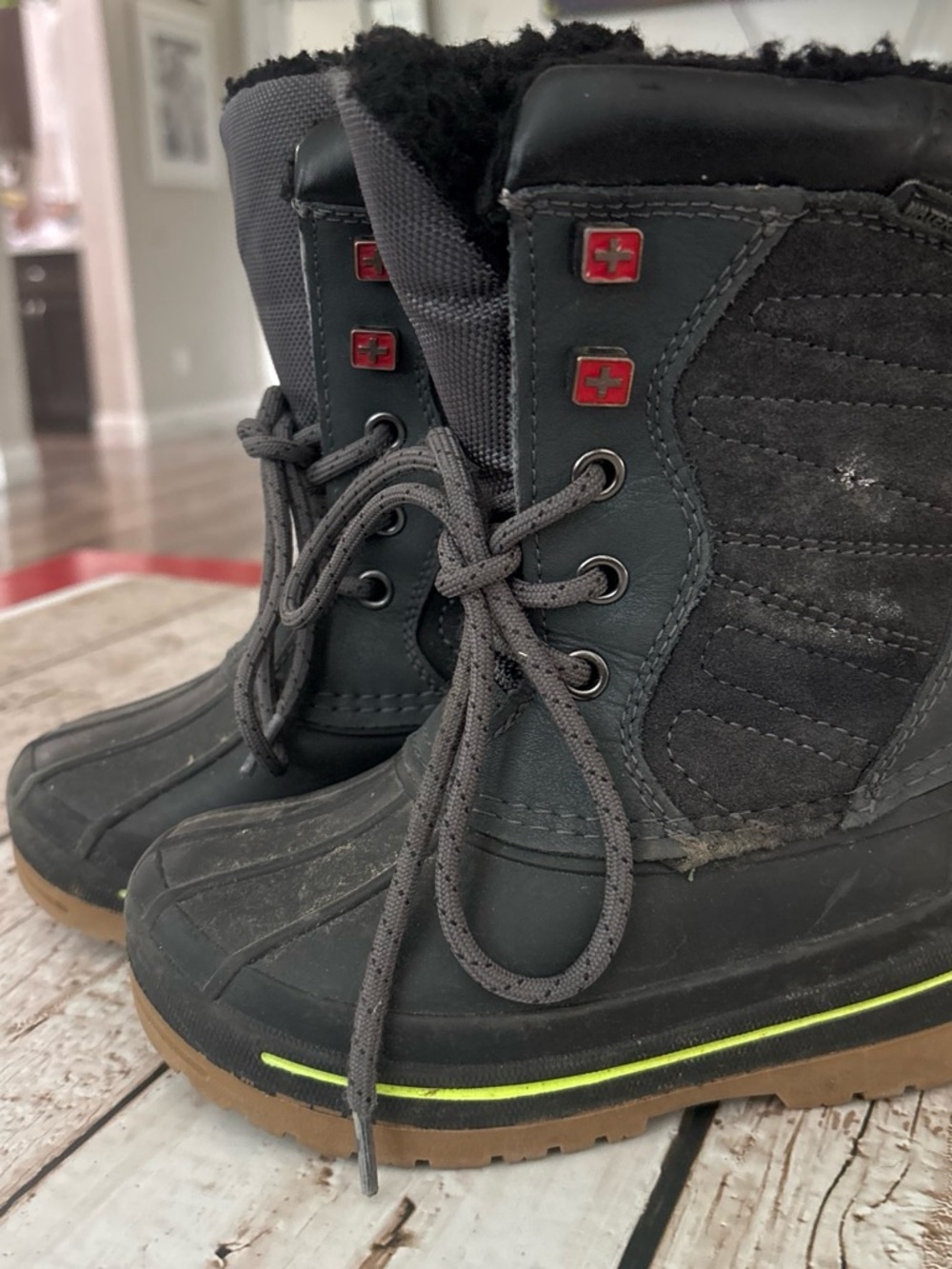 Kids Gray Winter Lace-Up Boots with Neon Trim